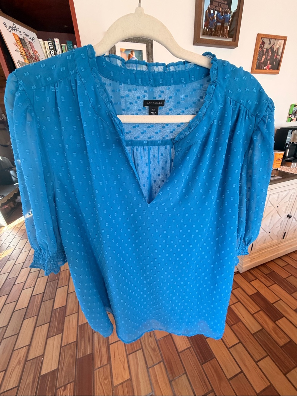 Ann Taylor Bright Blue Textured Split-Neck Blouse